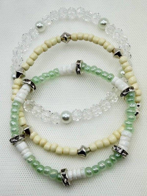 Cream, Sage & Crystal Spring Stacking Bracelets – Neutral Glass Bead Layered Stretch Set
