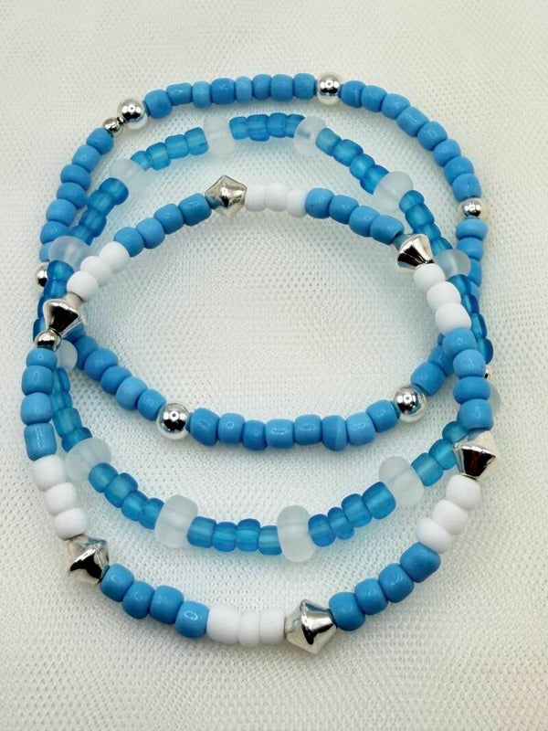 Coastal Blue & White Glass Bead Stacking Stretch Bracelets – Fresh Spring Layered Bracelet Set for Women