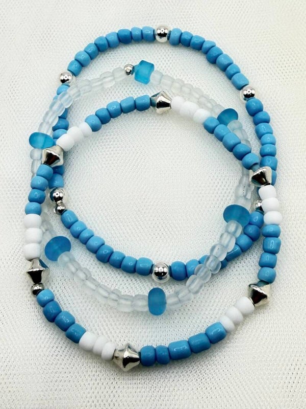 Aqua Frost Glass Bead Stacking Bracelets – Light Blue & Frosted Stretch Bracelet Set for Spring