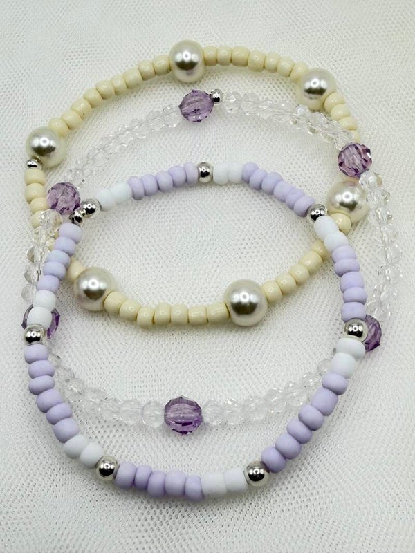 Lavender Pearl & Crystal Stacking Stretch Bracelets – Soft Purple Spring Layered Glass Bead Set for Women