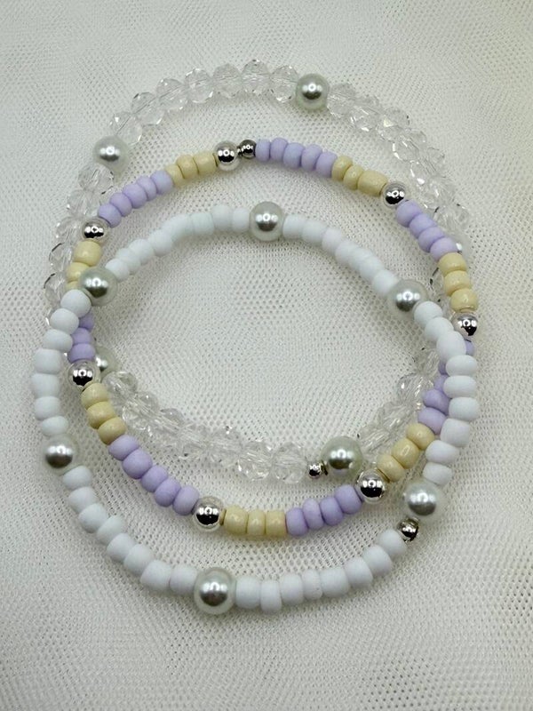 Lavender Pearl & Crystal Stacking Stretch Bracelets – Soft Purple Spring Layered Glass Bead Set for Women