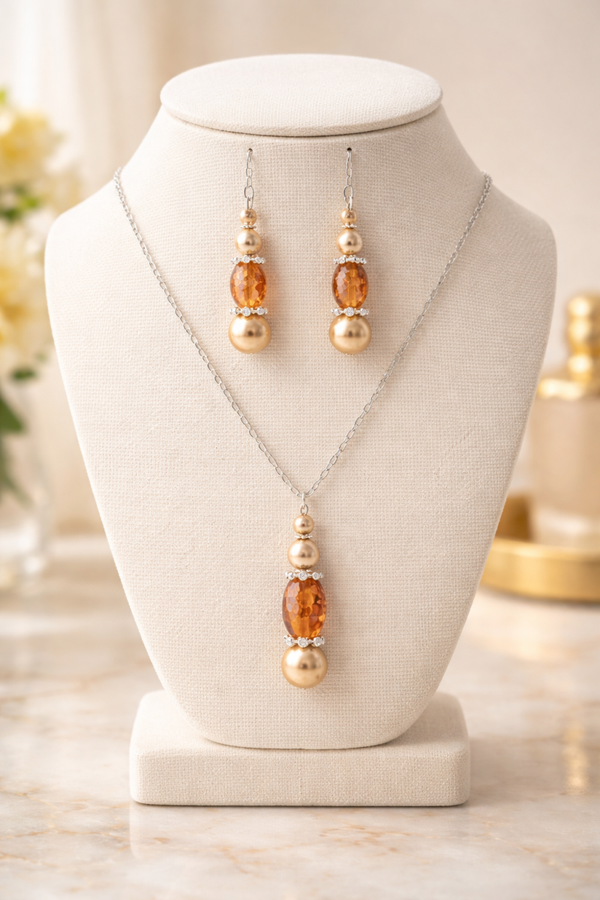 Golden Amber Glow Drop Necklace & Earring Set