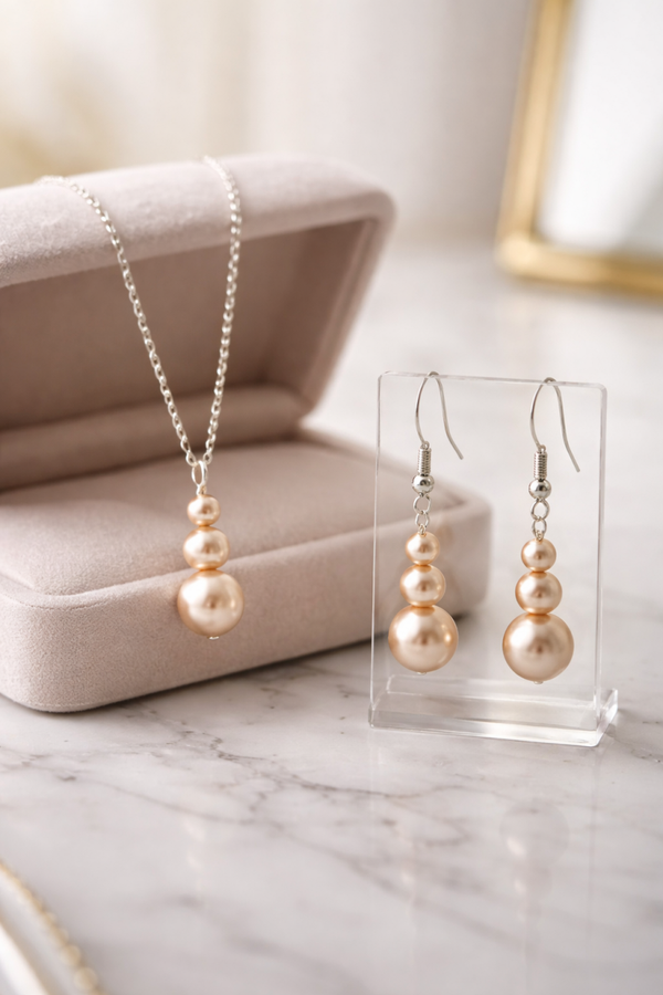 Champagne Pearl Drop Necklace & Earrings Set