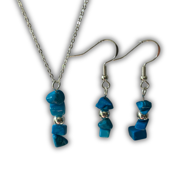 Turquoise Blue Chip Glass Necklace & Earrings Set