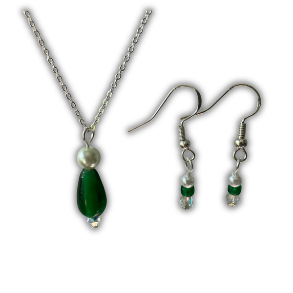 Green Glass Bead Drop Necklace & Earring Set