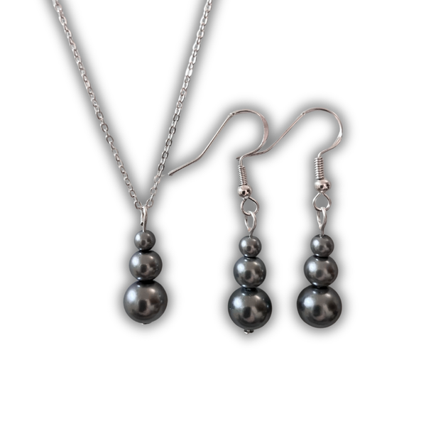 Gunmetal Gray Pearl Drop Necklace & Earrings Set