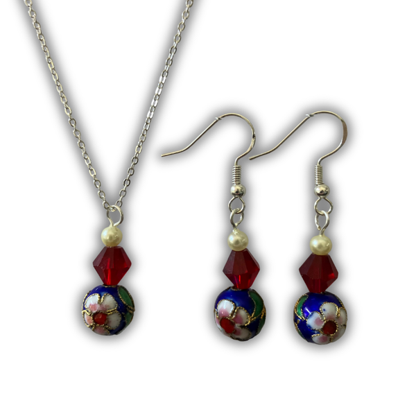 Red Cloisonné Floral Bead Necklace & Earrings Set