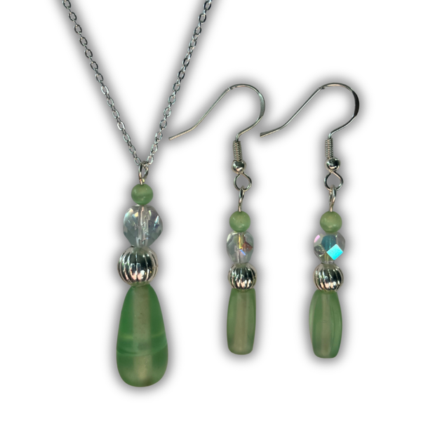 Green & Crystal Teardrop Necklace & Earrings Set