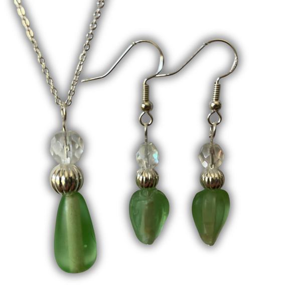 Green Teardrop & Crystal Necklace & Earrings Set