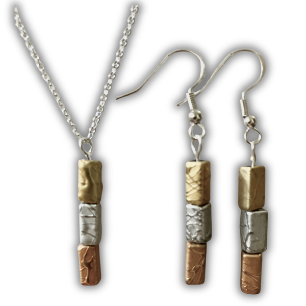 Gold, Silver & Bronze Bar Bead Necklace & Earrings Set