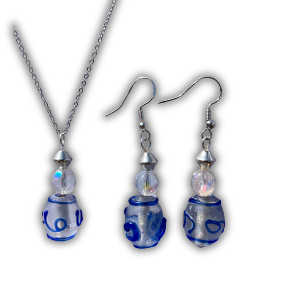 Blue Swirl Glass Bead Necklace & Earrings Set