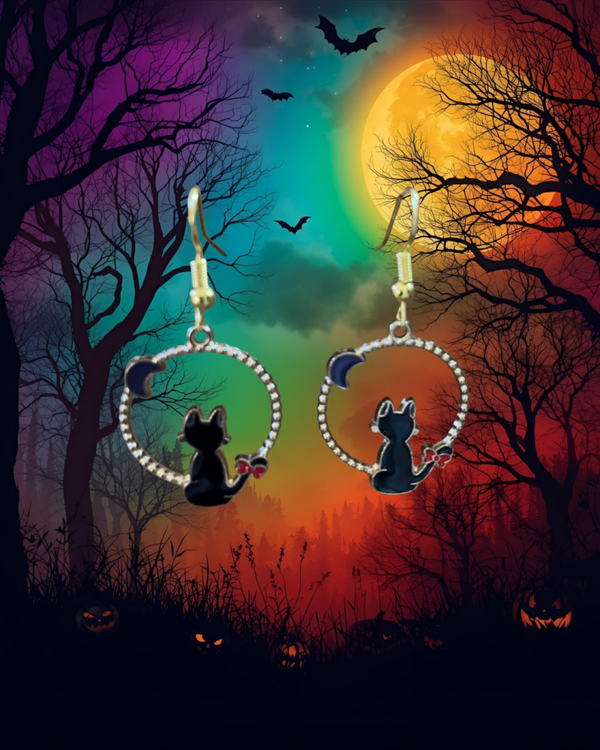 Black Cat in Moon Earrings