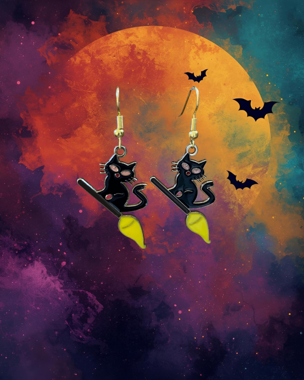 Black Cat on Broom Earrings