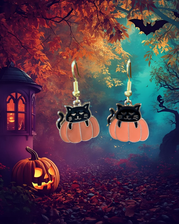 Black Cat in Pumpkin Earrings