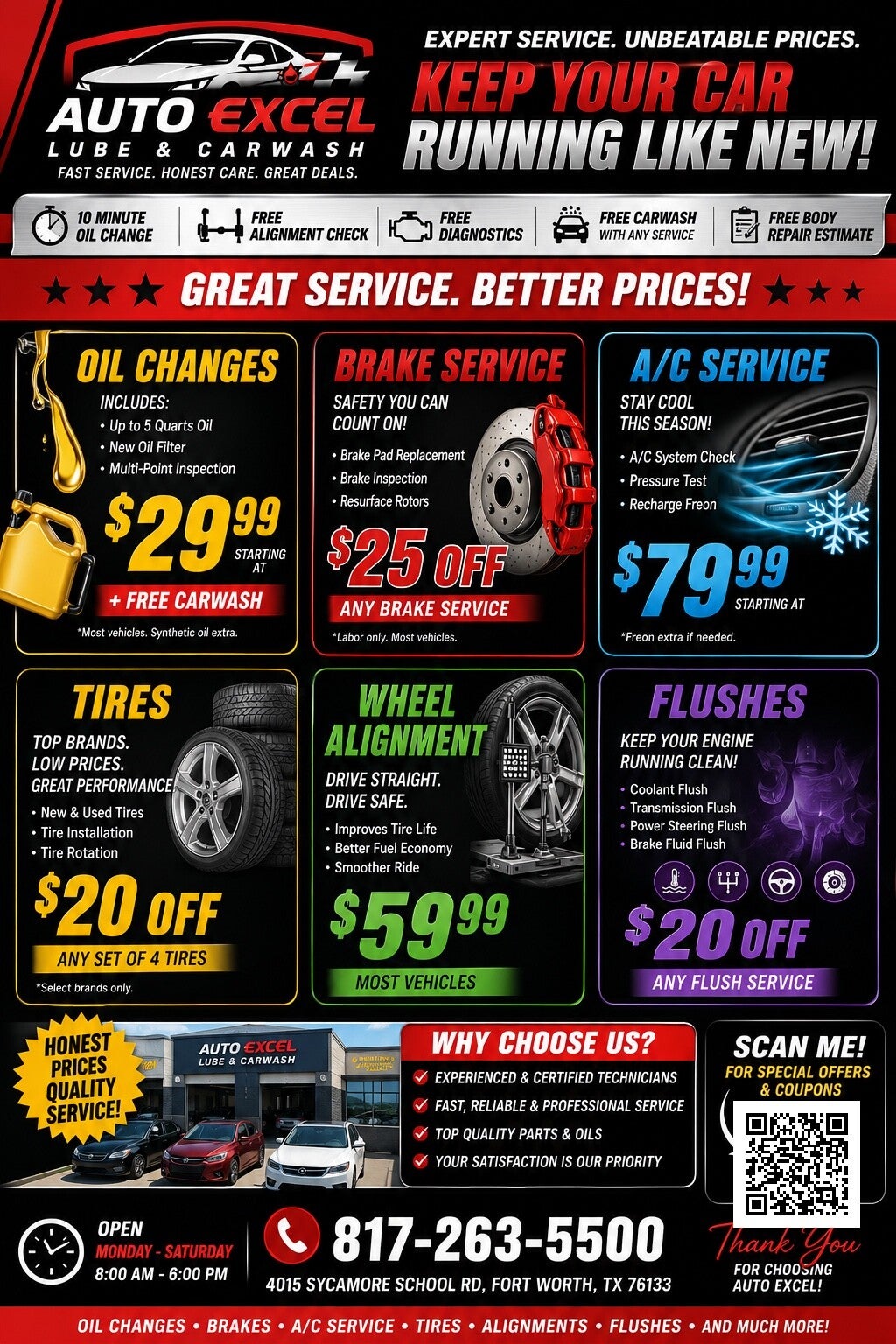 Auto Excel oil change, brake, A/C, tire, alignment and fluid service coupons