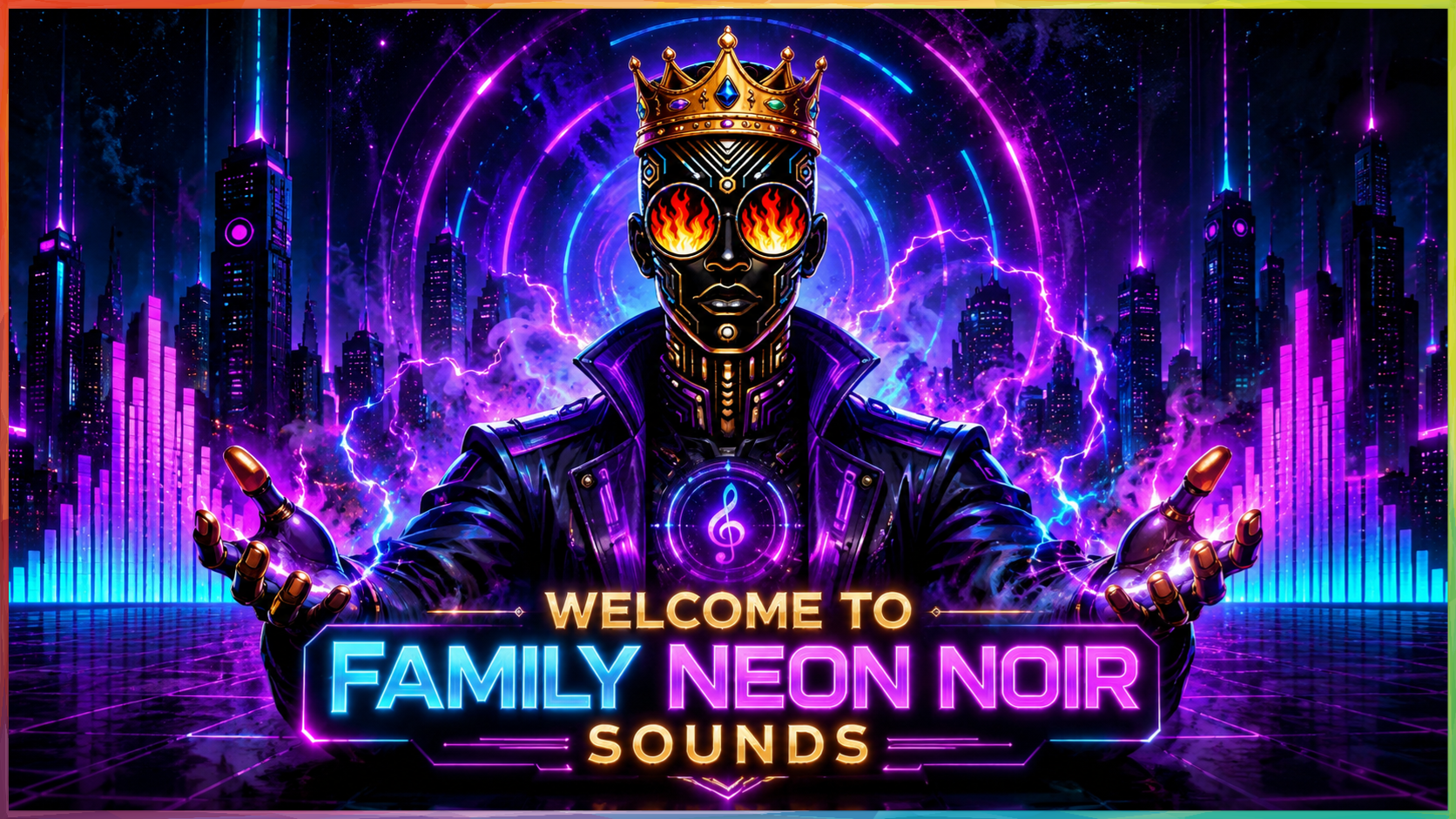Welcome to Family Neon Noir Sounds artwork featuring a crowned cyberpunk guardian with glowing flame eyes and outstretched hands standing before a futuristic neon city illuminated with vibrant purple, blue, and pink synthwave lights.