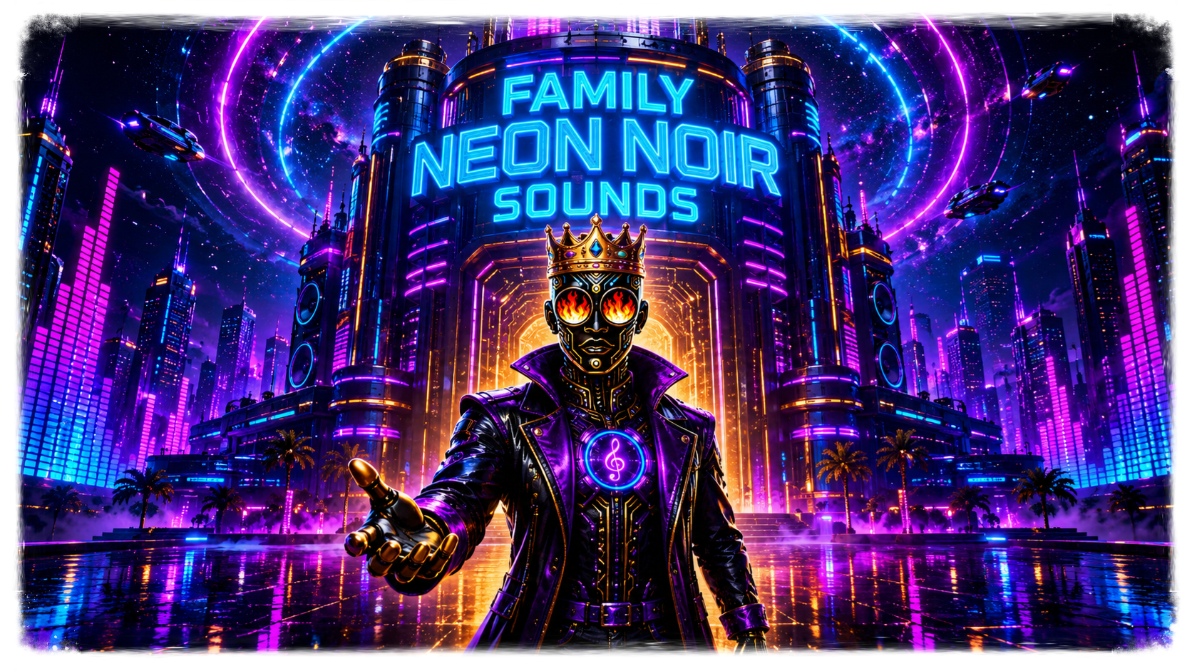 Family Neon Noir Sounds promotional artwork featuring a crowned cyberpunk guardian standing before a futuristic neon city, inviting visitors to explore the Rainy Day Downtown album and immersive synthwave music.