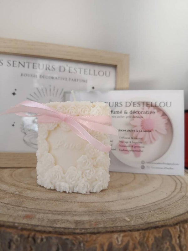Bougie personnalisé "Mon p'tit rosier d'amour " Bois de rose