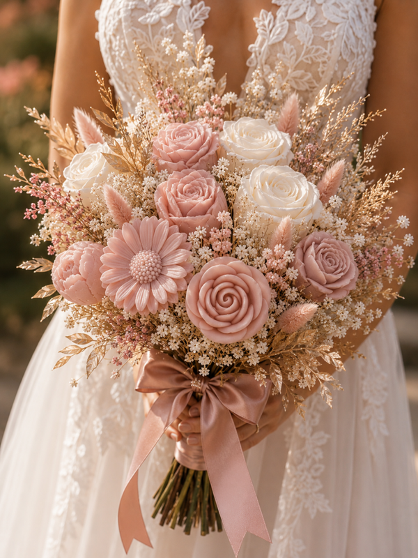 Bouquet mariée " L'inoubliable " rose & champêtre  - parfum adoucissant