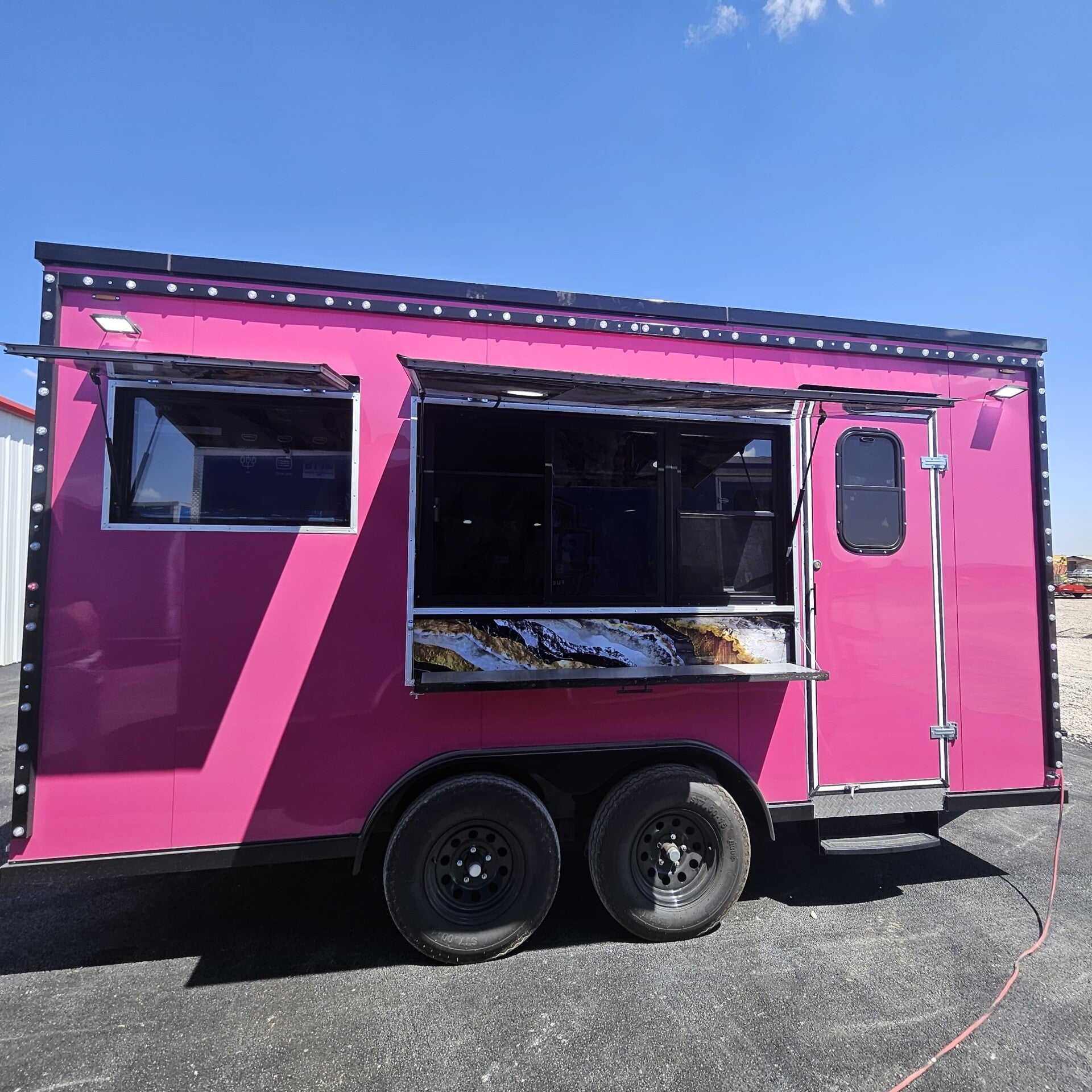 16’ × 8’ Pink Snack Trailer | LED Circus Lights & Menu TV