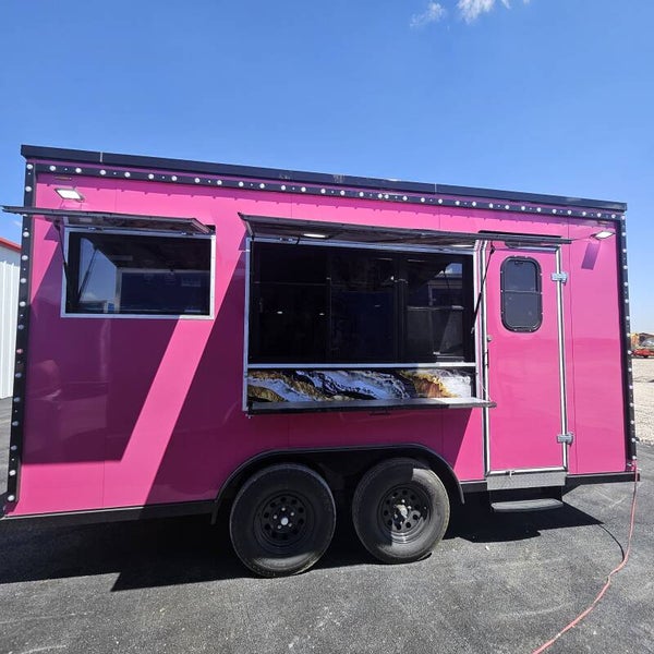 16’ × 8’ Pink Snack Trailer | LED Circus Lights & Menu TV