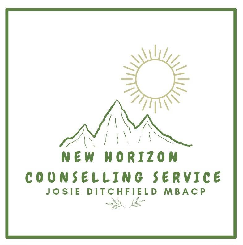 Logo for New Horizon Counselling Service (Josie Ditchfield MBACP). Mountain range with the sun to the top right. Writing below.