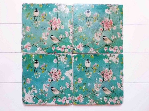 4er Set Fliesen, Kacheln - * Untersetzer / Deko Kachel / Wohndeko * NOSTALGIE VÖGELSET #1