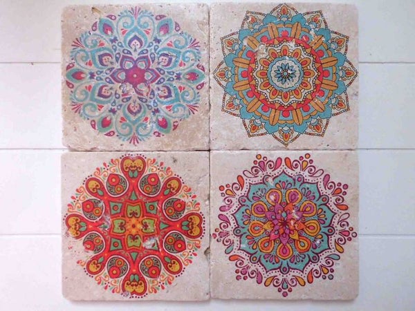 4er Set BOHO Fliesen, Kacheln - * Untersetzer / Retro Deko/ YOGA  * MANDALA SET #2