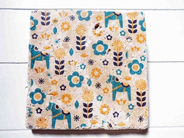 Fliese im Vintage Stil *  Deko Kachel * SKANDINAVIAN FOLK ART KACHEL - Untersetzer Schweden * DALA PFERDCHEN  Blau #5