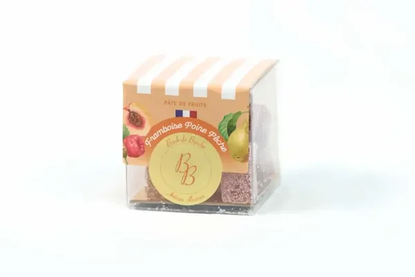 Mélange de Pâtes de fruits (100 % Fruits) Framboise, Poire et Pêche(Boîte de 180g)