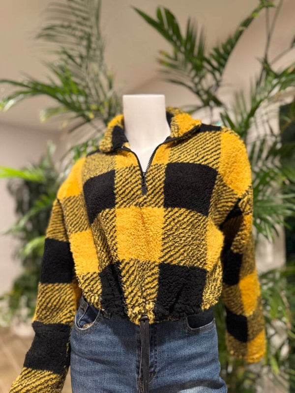 Mustard Zip Up Plaid Pullover Sweater