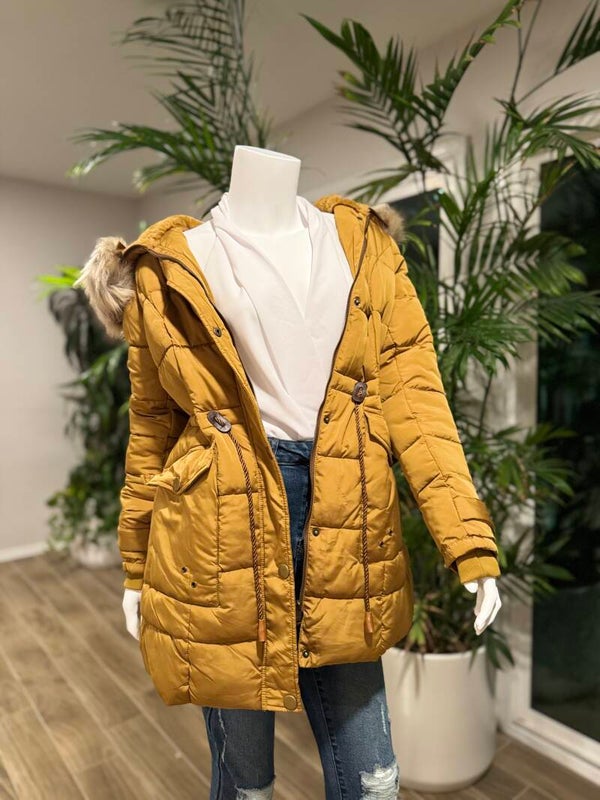 Mustard Removable Hoodie Puffer Coat