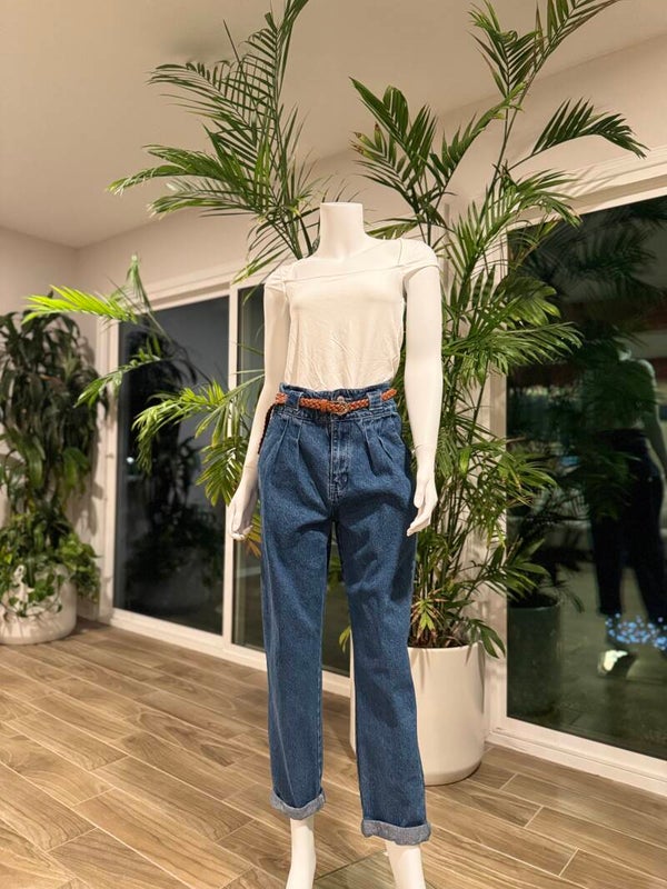 Dark Denim High Waist Belted Pants