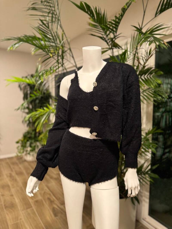 Black Long Sleeve Cardigan Crop Top & Shorts