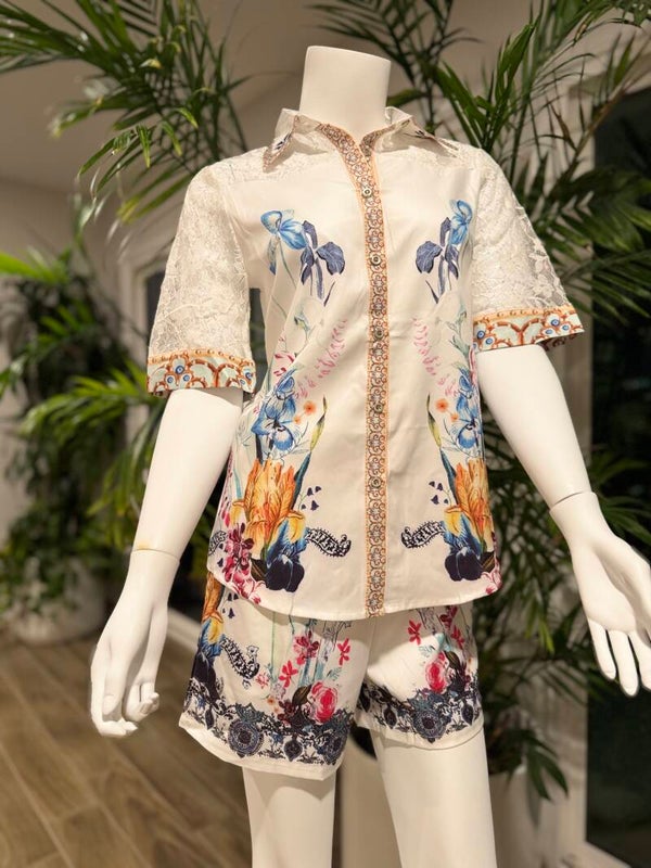 White Floral Blouse & Shorts