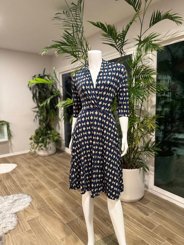 Navy Multi Print Pocket Midi Dress