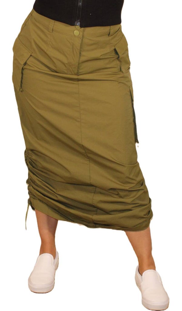 Olive Cargo Ruched Maxi Skirt
