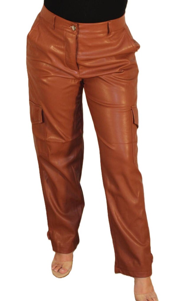 Chocolate Faux Leather Cargo Pants