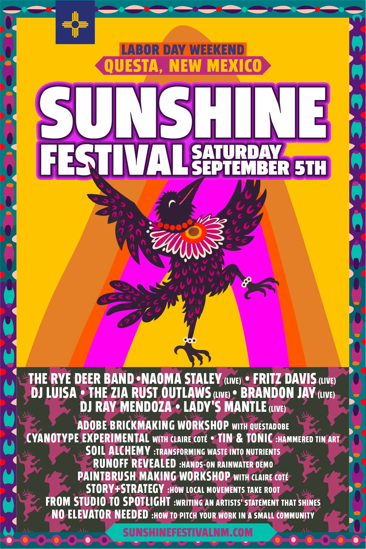 Sunshine Festival 2026 poster showing a stylized purple bird emblem with a floral collar above the full music lineup and workshop list, set on Saturday, September 5 in Questa, New Mexico.