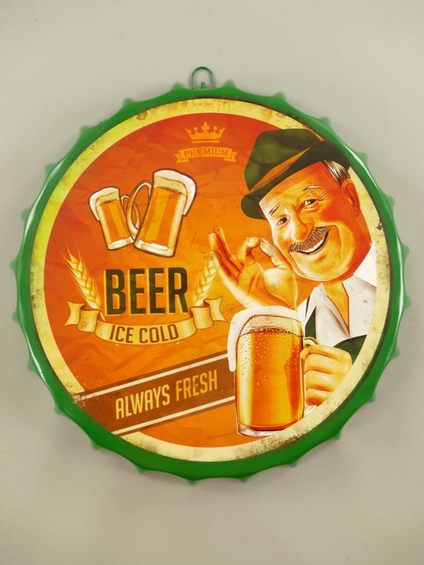 Beer ice cold metalen wandbord in vorm van een dop