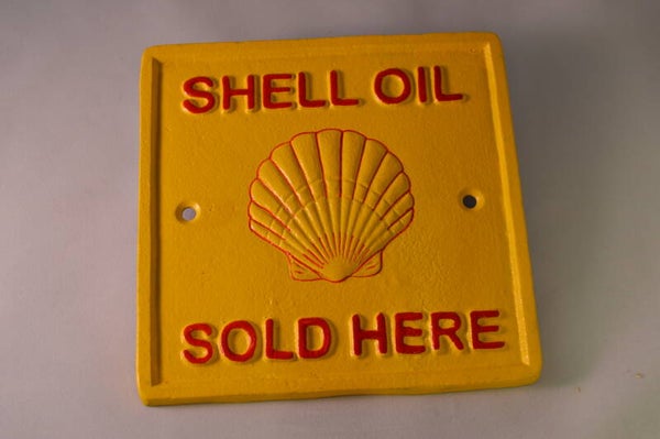 Shell oil, sold here gietijzeren wandbord ,garagebord