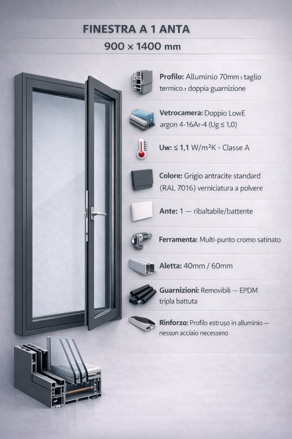 Finestra Alluminio a 1 anta — Ribaltabile/Battente 900 × 1400 mm