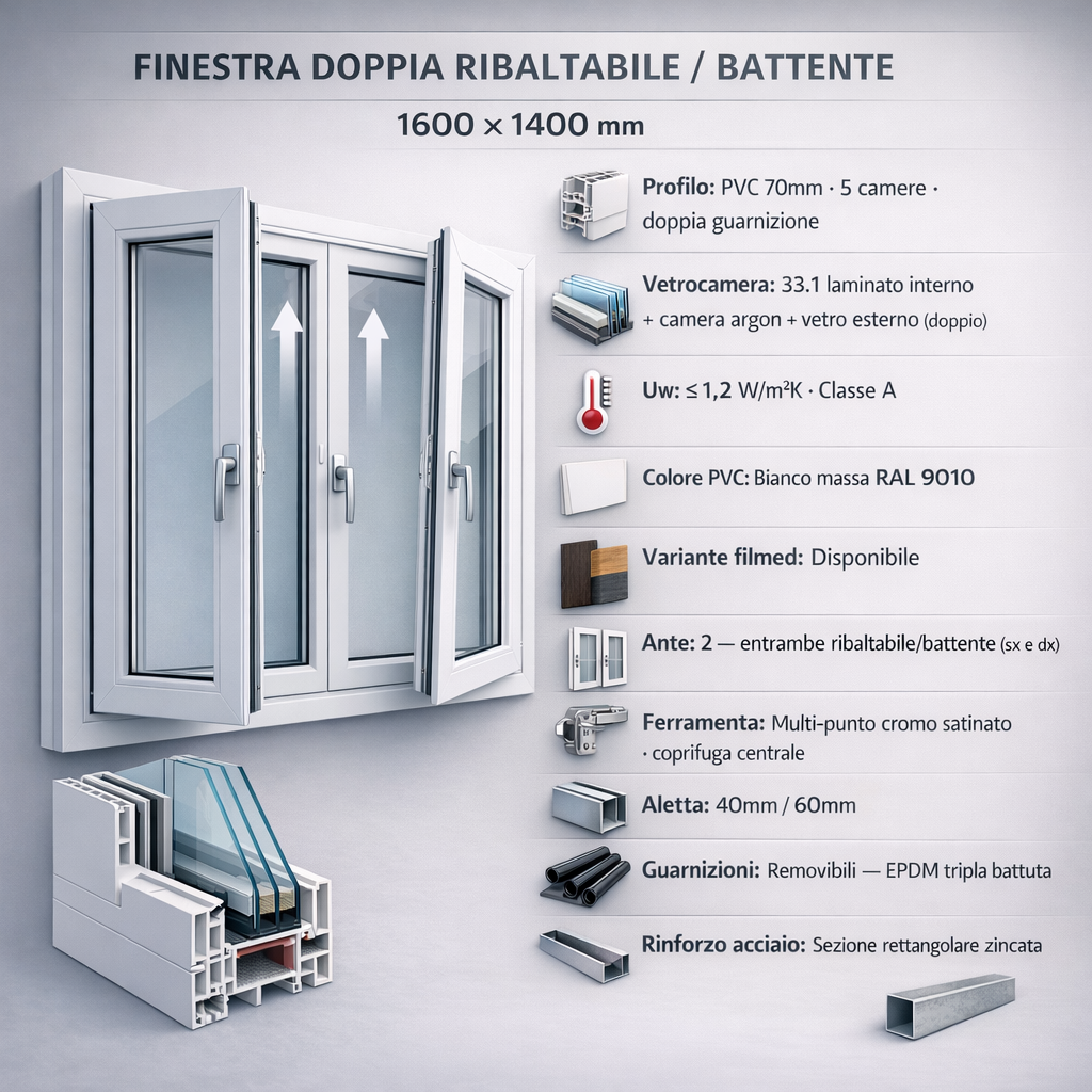 Finestra PVC a 2 ante — Ribaltabile/Battente 1600 × 1400 mm