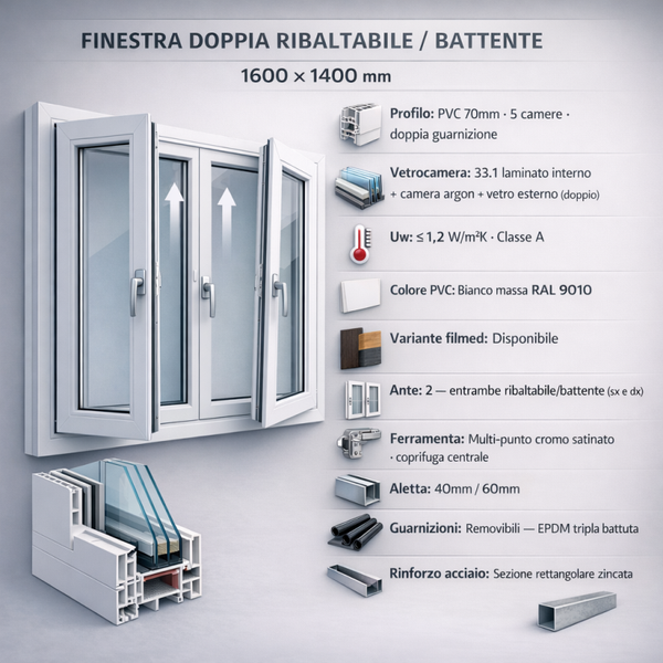 Finestra PVC a 2 ante — Ribaltabile/Battente 1600 × 1400 mm