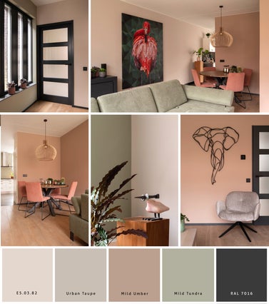 Voorbeeld van binnenschilderwerk in woon- en eetkamer met warme, natuurlijke kleurcombinaties en een creatieve uitstraling