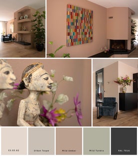 Binnenschilderwerk in warme, natuurlijke kleuren met creatieve accenten en oosterse houten poppen als decoratief detail