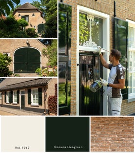 Collage van buitenschilderwerk aan monumentale boerderij met overzichtsfoto’s en schilder aan het werk bij voordeurornament
