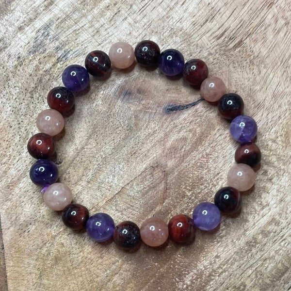 Armband met tijgeroog (kattenoog), zonnesteen, amethist