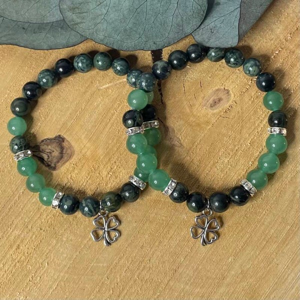 Kambaba en groene aventurijn armband met klavertje ca. 8mm