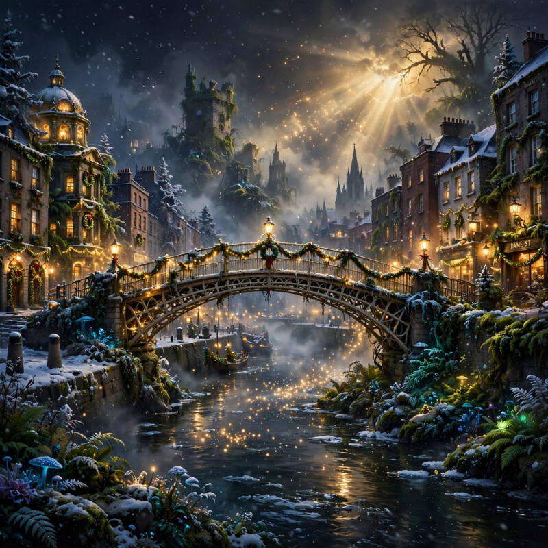 a fantastical image of Dublin Ireland in the Christmastime on the Liffey with snow and magic all round... 